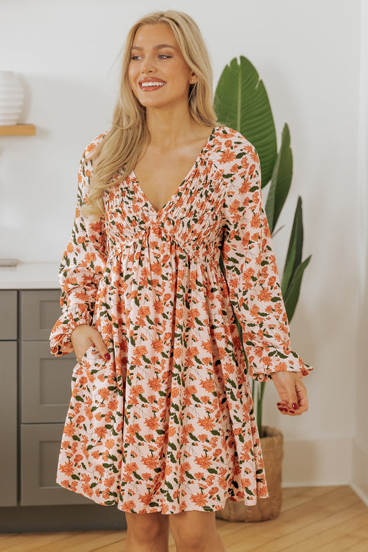 Beige Floral Bubble Sleeve Babydoll Dress