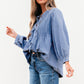Denim Front Pintuck Bow Tie Puff Sleeve Top