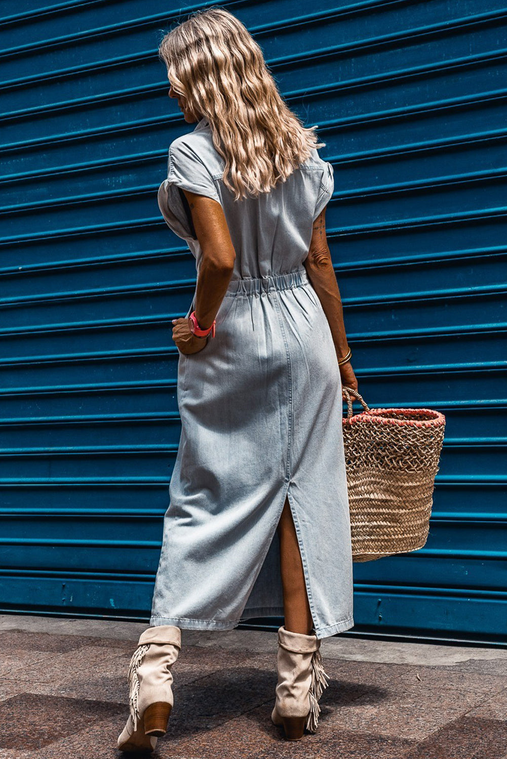 Beau Blue Short Batwing Sleeve Slit Back Denim Dress