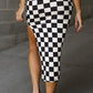 White Checkered Print Side Slit High Waist Midi Skirt