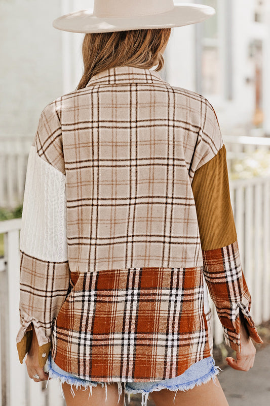 Burnt Orange Plaid Patchwork Shirt Jacket with Pocket Multiple Colors Available