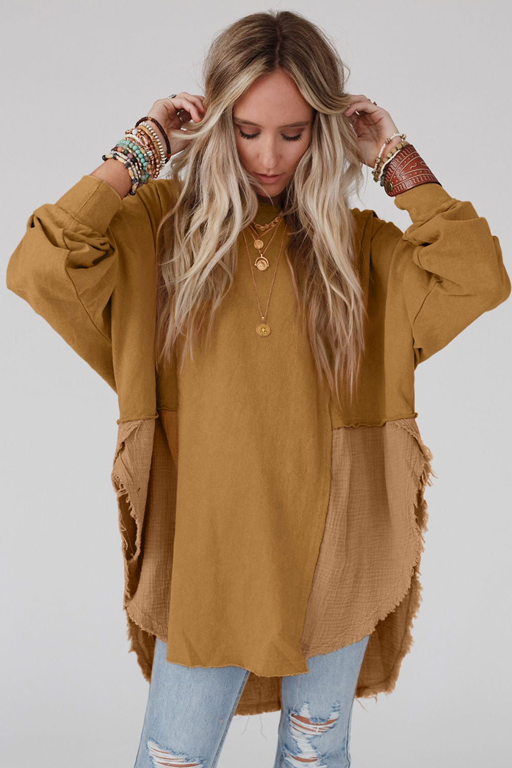 Camel Splicing Raw Hem High Low Oversized Blouse