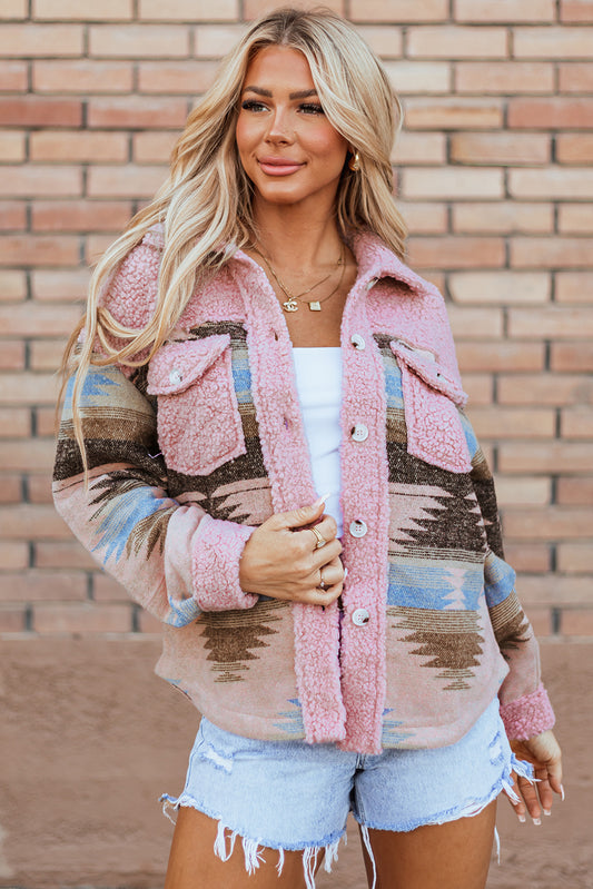 Pink Or Khaki Western Aztec Print Sherpa Splicing Buttoned Flap Pocket Coat