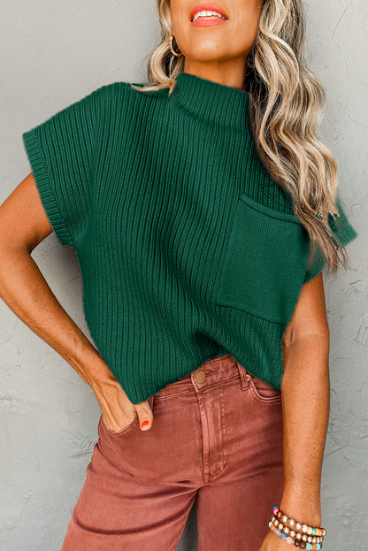 Deep Green Patch Pocket Ribbed Knit Short Sleeve Sweater