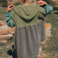 Laurel Green Mixed Textured Colorblock Patchwork Wide Sleeve Frayed High Low Hooded Top