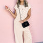 Brown Checkered Print Buttoned Crew Neck Wide Leg Jumpsuit