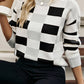 Orange Checkered Ribbed Neck Drop Shoulder Sweater