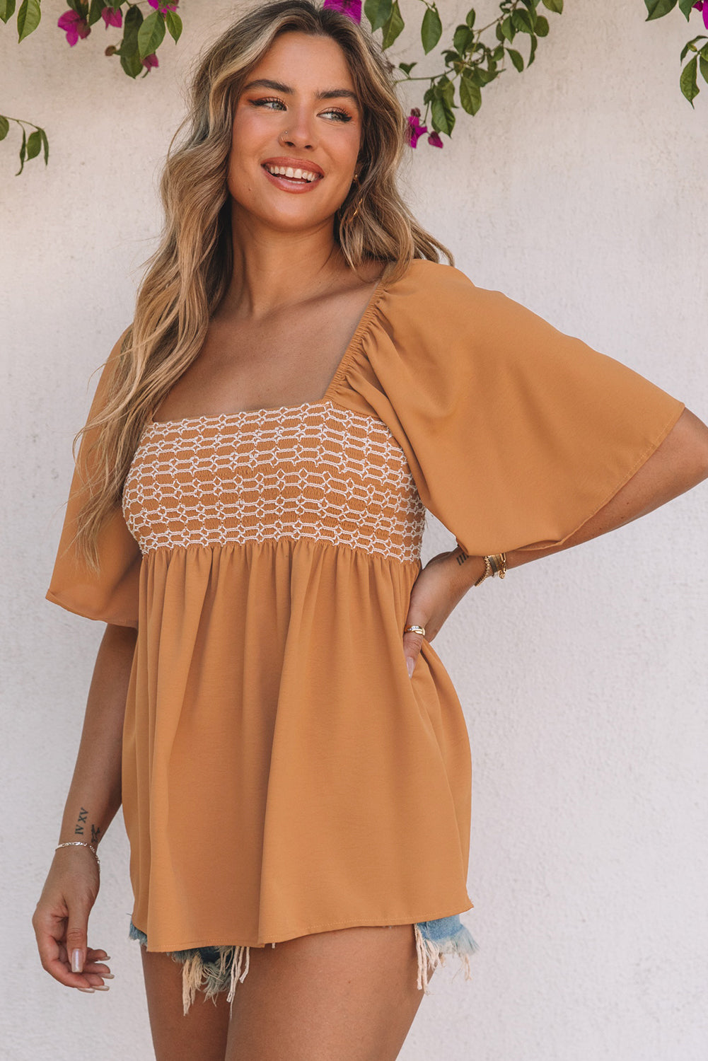 Dusty Tan Square Neck Wide Sleeves Flowy Top