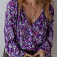 Purple Boho Flower Split V Neck Bubble Sleeve Blouse