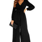 Black Cutout Back Belted V Neck Wide Leg Jumpsuit