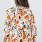 Abstract Print Drawstring Frilled V Neck 3/4 Sleeve Blouse