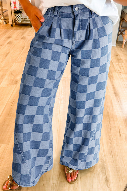 Dusk Blue Checkered Denim Wide Leg Jeans