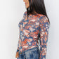 Floral Print Mesh Fitted Long Sleeve Top