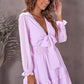 Deep V Neck Lantern Sleeve Knotted Tiered Mini Dress