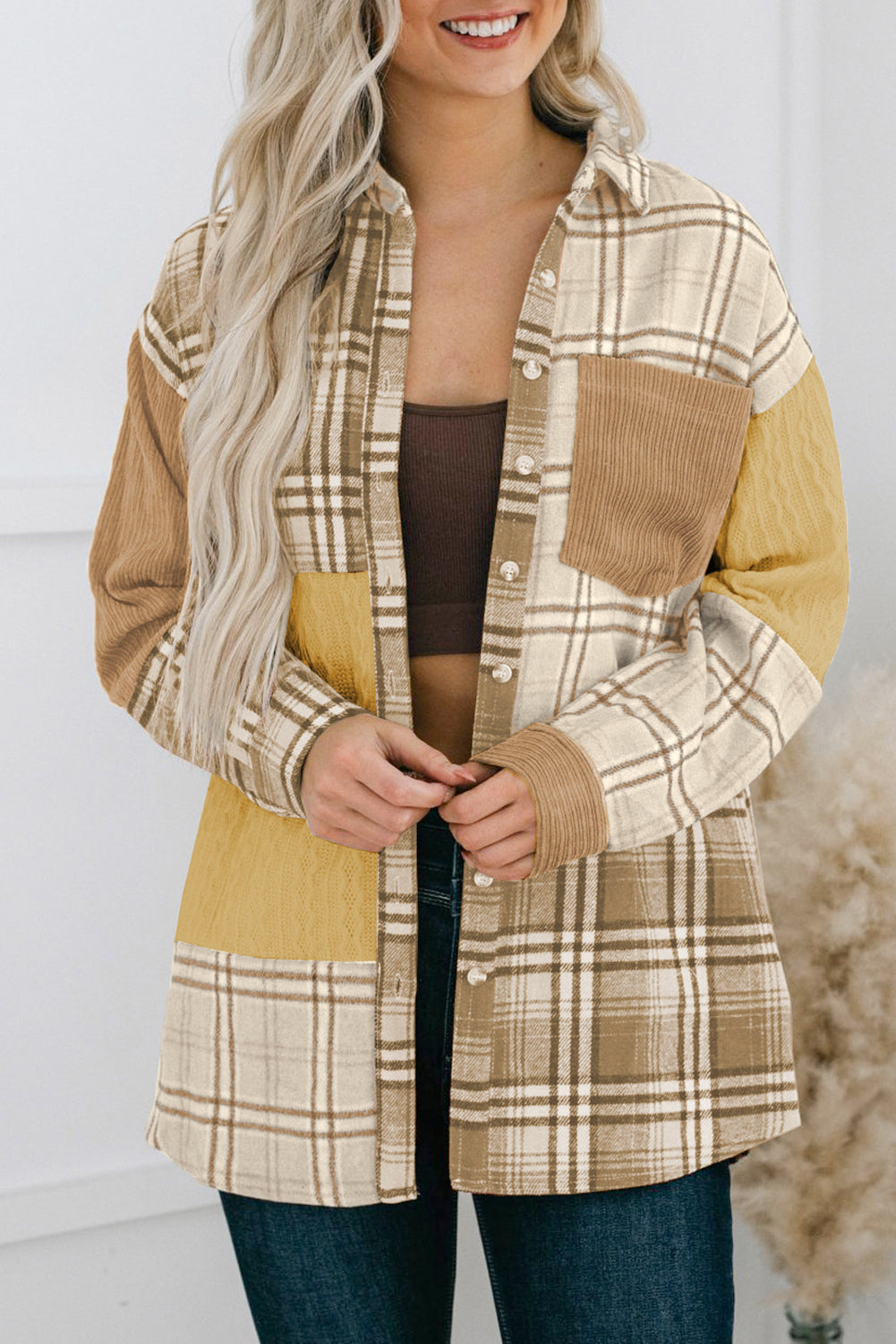 Burnt Orange Plaid Patchwork Shirt Jacket with Pocket Multiple Colors Available