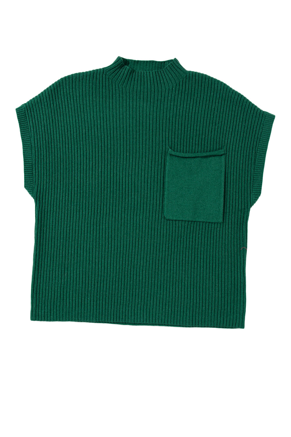 Deep Green Patch Pocket Ribbed Knit Short Sleeve Sweater