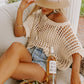 Apricot Fishnet Knit Ribbed Round Neck Short Sleeve Sweater Tee